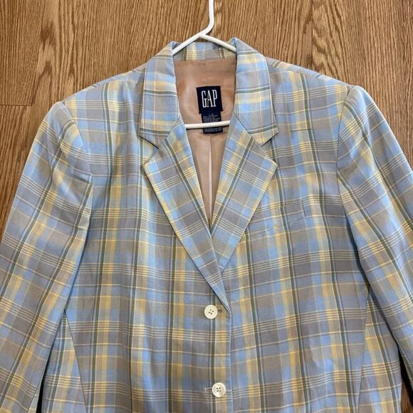 Vintage Gap Blazer Womens Large Blue Yellow Plaid Print Linen 1990s - Picture 2 of 9